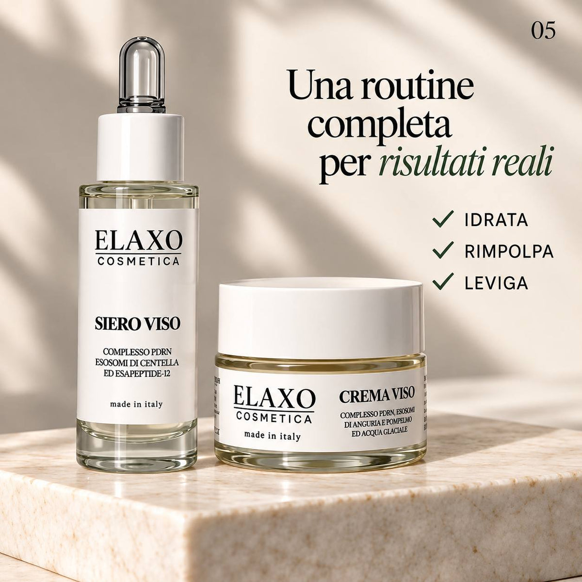 Siero e crema viso su marmo in luce naturale, articolo sulla routine glass skin