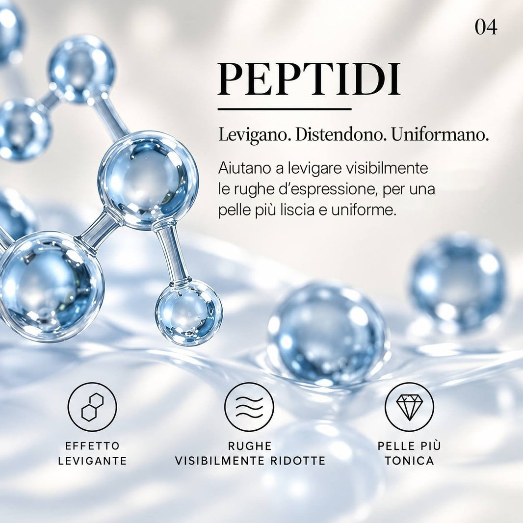 Peptidi cosmetici: illustrazione di molecole su sfondo azzurro, articolo peptidi o retinolo