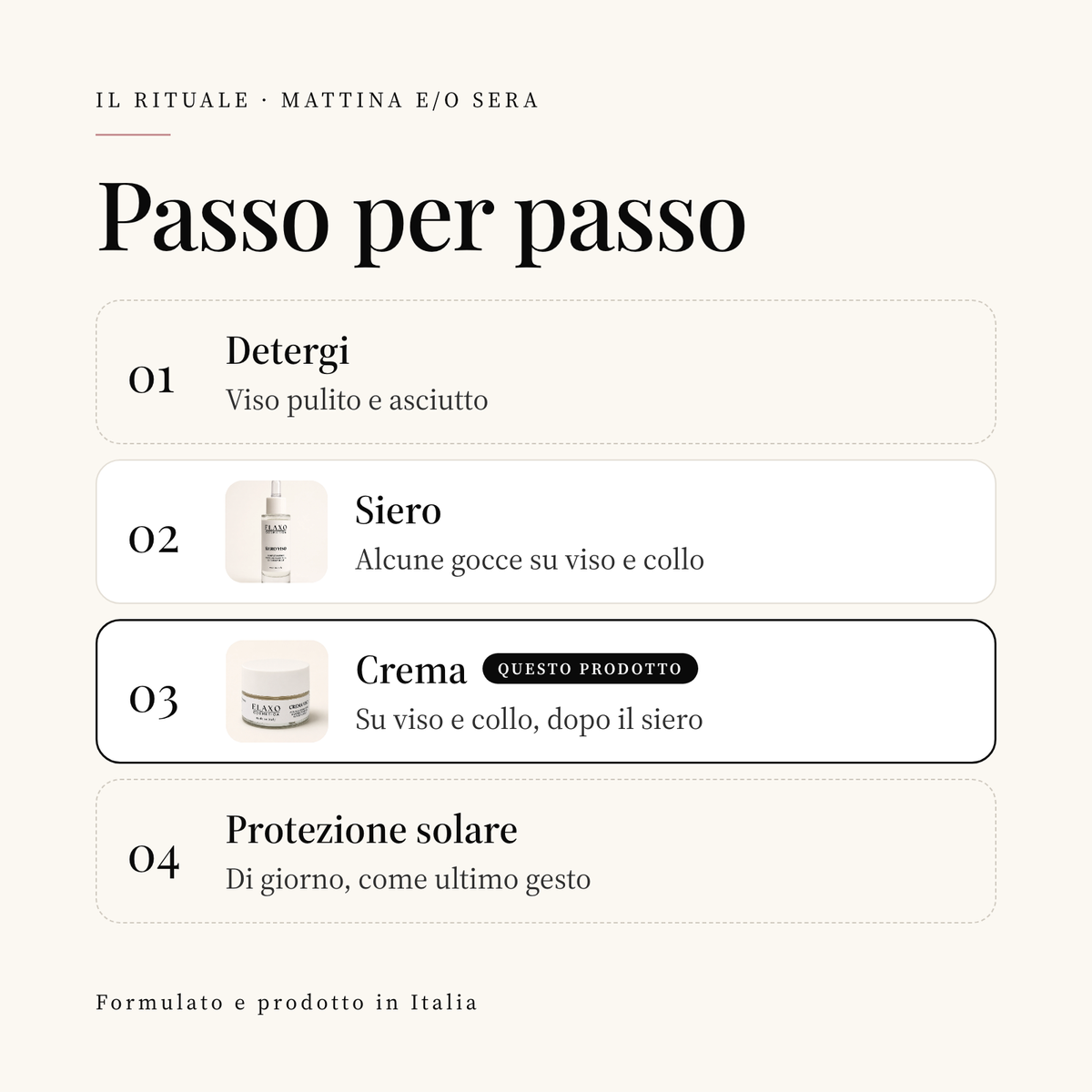 Il Rituale ELAXO passo per passo: detergere, Siero, Crema e, di giorno, protezione solare