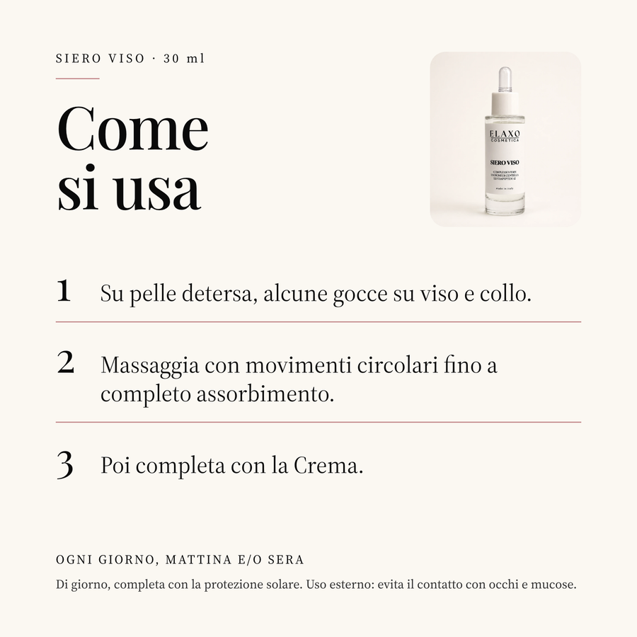 Come si usa il Siero Viso PDRN ELAXO: alcune gocce su viso e collo, su pelle detersa, poi la Crema